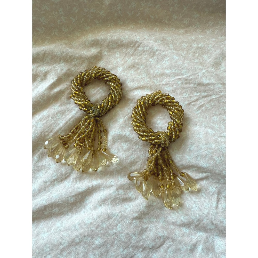 Vintage Amber Gold Beaded Napkin‎ Rings Set Boho Thanksgiving Wedding Decor Glam